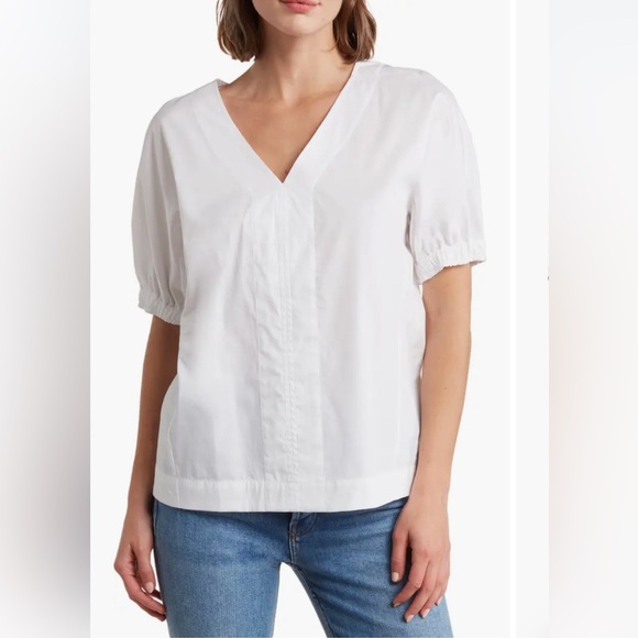 Donna Karen: Puffy Sleeve V-neck Short Sleeve Top - Picture 1 of 5